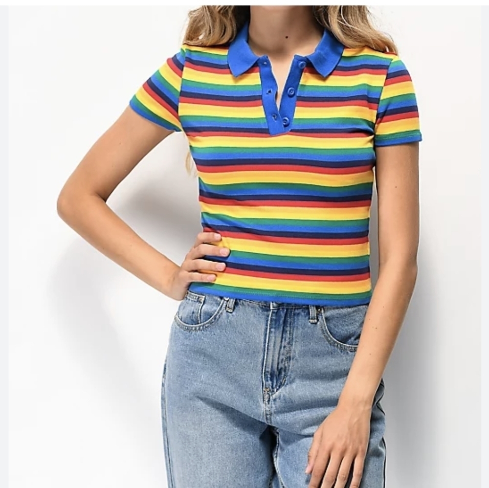 Vintage Multi Color stripe Crop polo, Chucky, Rainbow Brite, 80s woman's size L